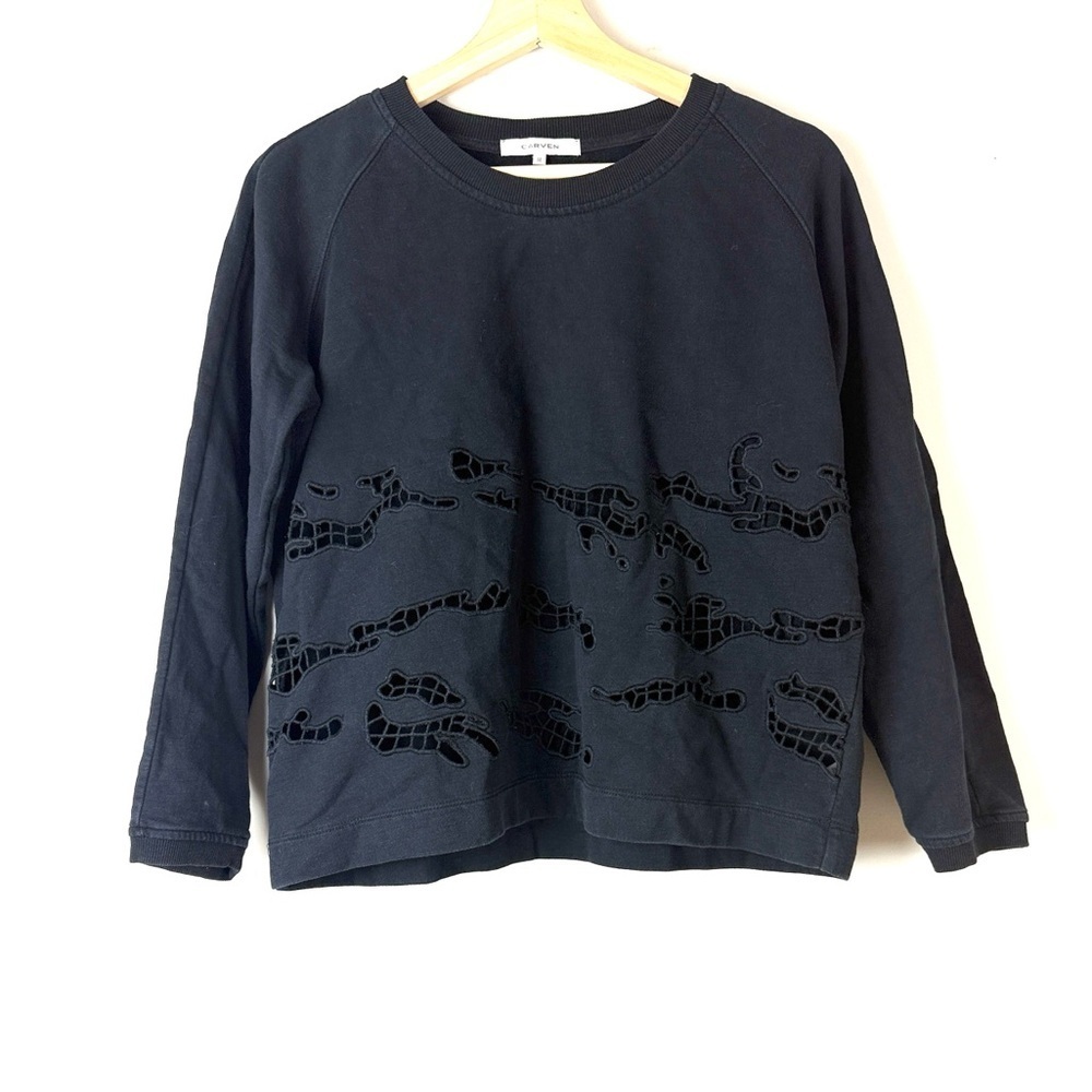 Carven Black Embroidered Patterned Ribbed Collar Sweatshirt Size Medium